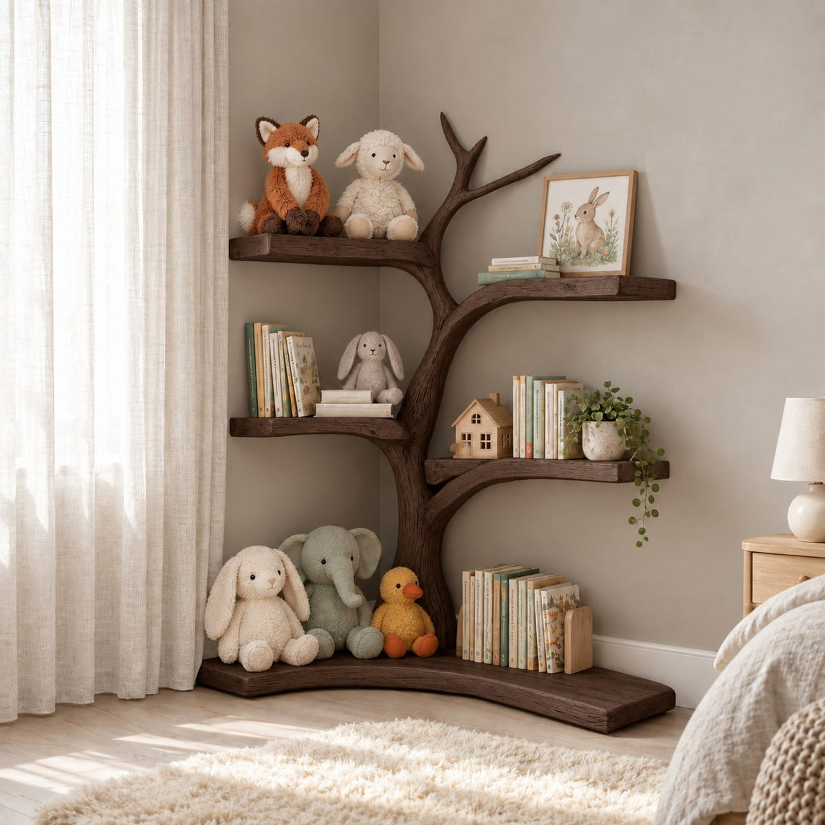Kids Corner Tree Bookshelf with Curved Branch Shelves and L Shaped Floor Slab, Nursery Book Display