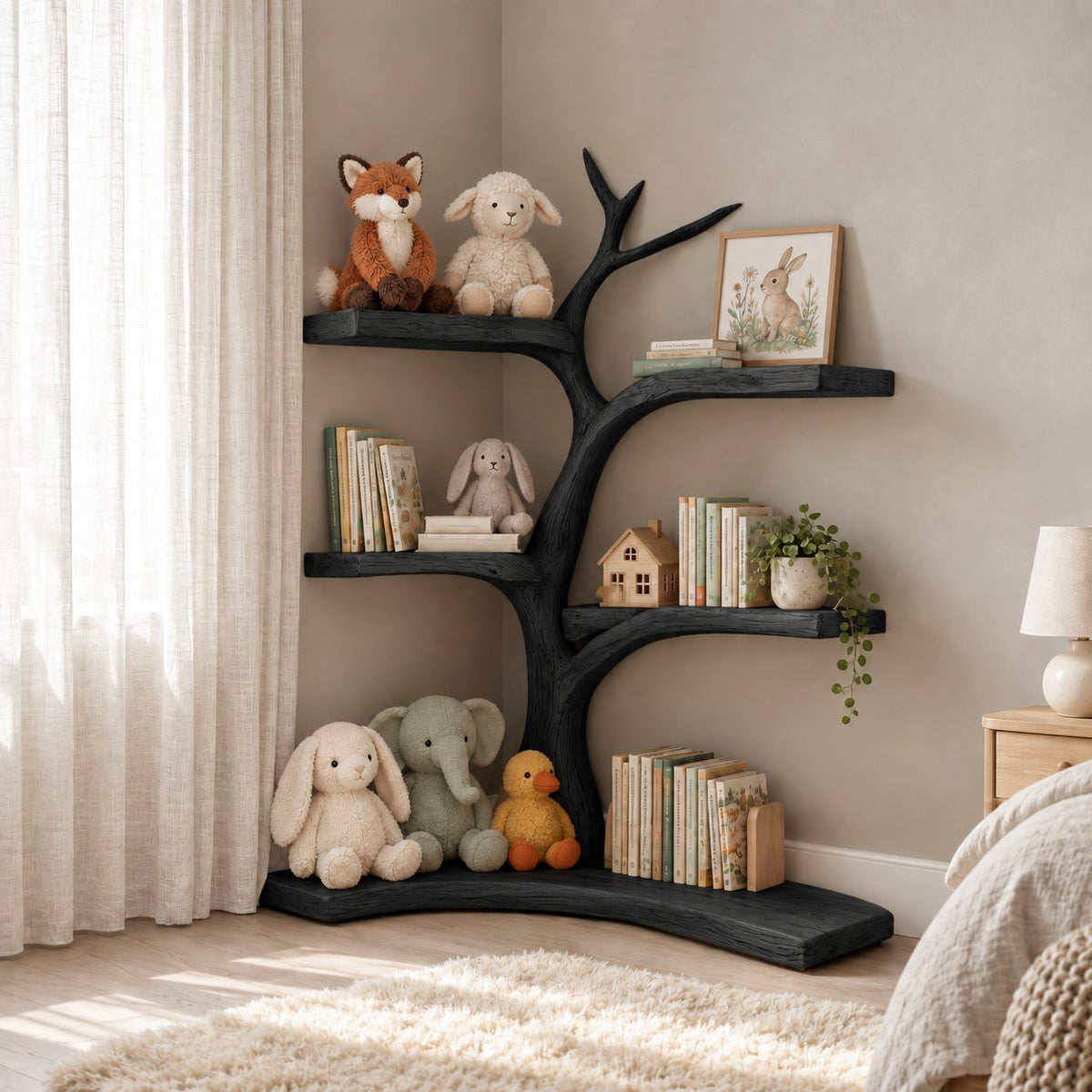 Kids Corner Tree Bookshelf with Curved Branch Shelves and L Shaped Floor Slab, Nursery Book Display