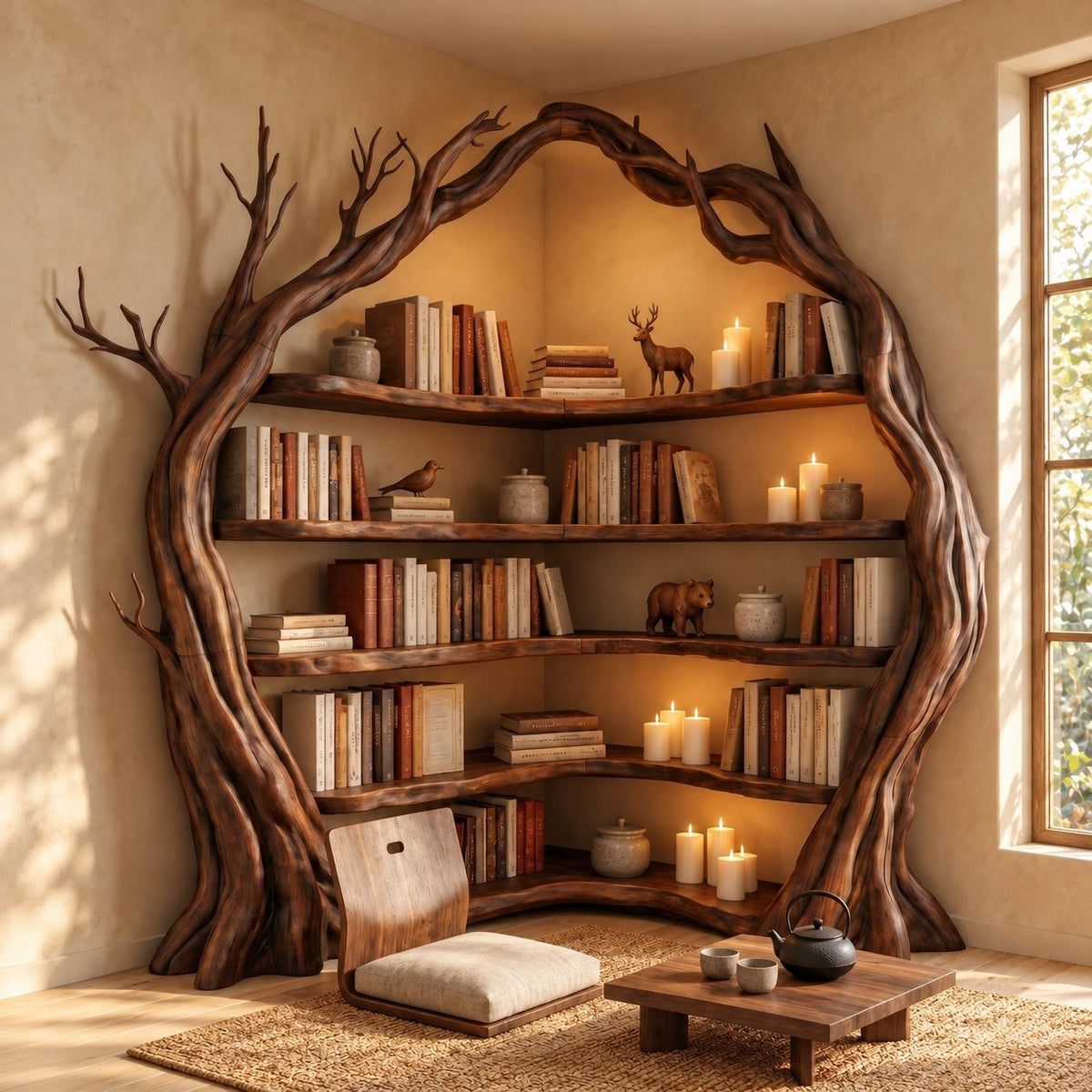 Corner Tree Bookshelf with Arched Twisting Trunk Frame and Curved Wraparound Shelves, Library Nook