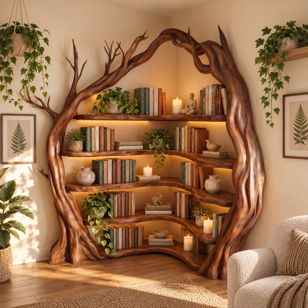 Corner Tree Bookshelf with Arched Twisting Trunk Frame and Curved Wraparound Shelves, Library Nook