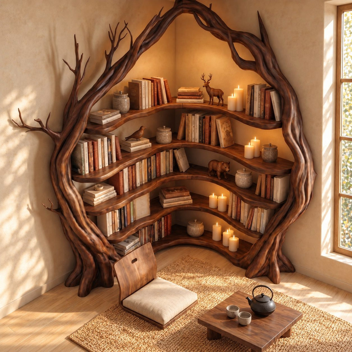 Corner Tree Bookshelf with Arched Twisting Trunk Frame and Curved Wraparound Shelves, Library Nook