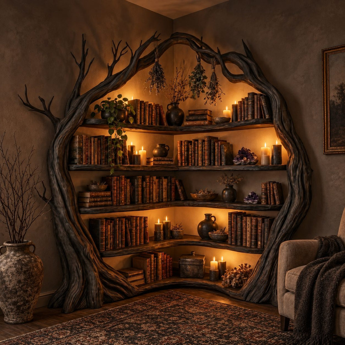 Corner Tree Bookshelf with Arched Twisting Trunk Frame and Curved Wraparound Shelves, Library Nook