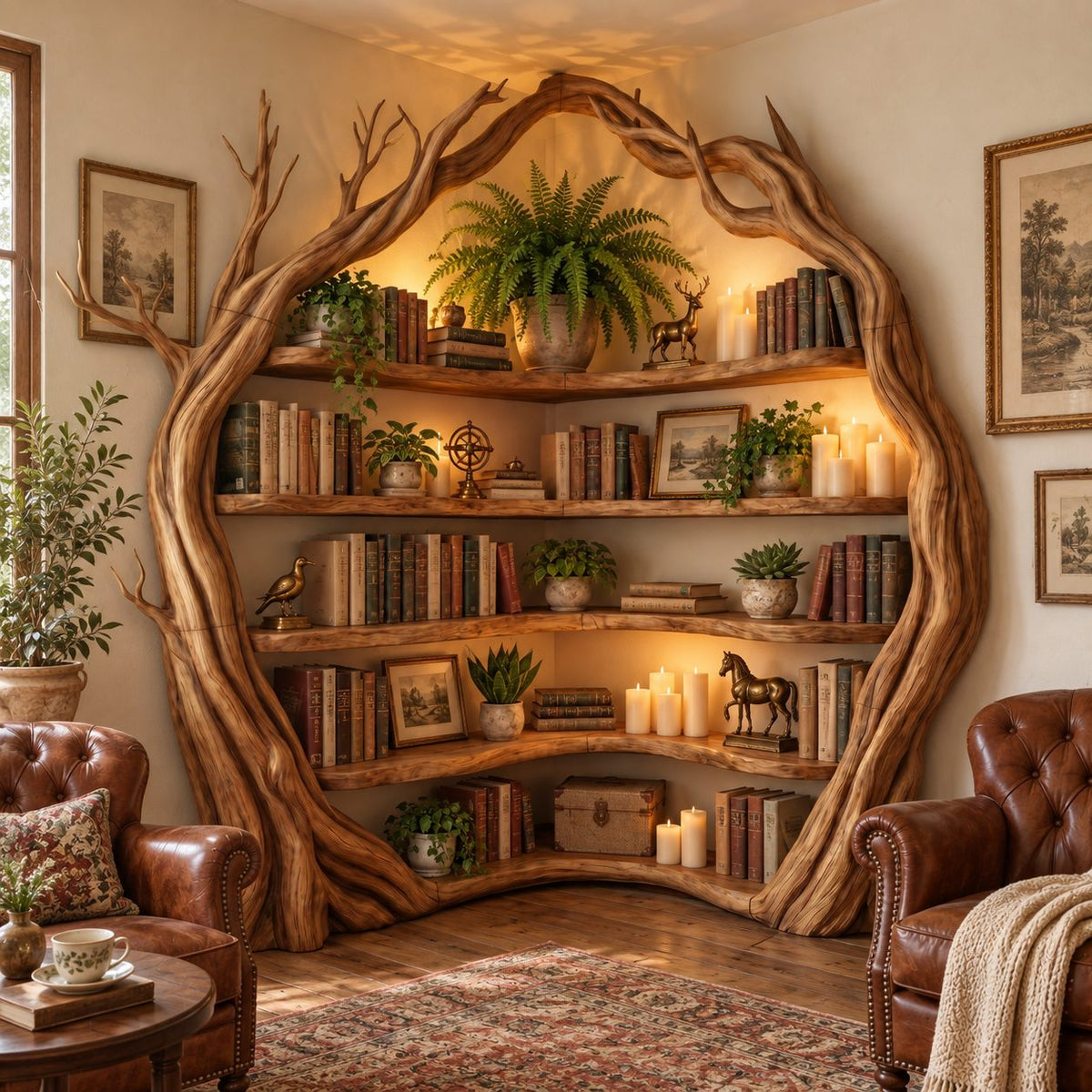 Corner Tree Bookshelf with Arched Twisting Trunk Frame and Curved Wraparound Shelves, Library Nook