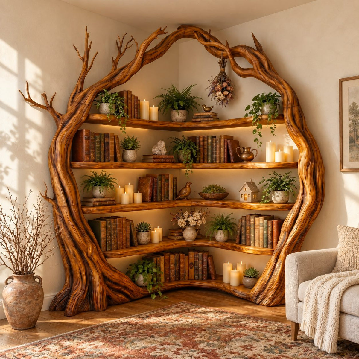 Corner Tree Bookshelf with Arched Twisting Trunk Frame and Curved Wraparound Shelves, Library Nook