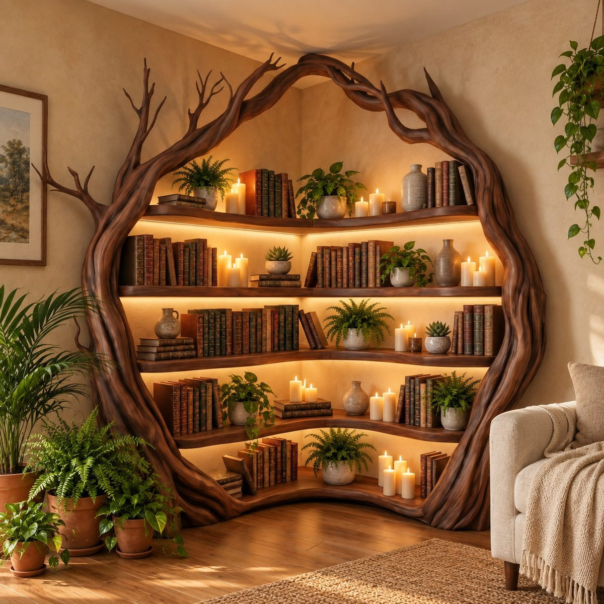 Corner Tree Bookshelf with Arched Twisting Trunk Frame and Curved Wraparound Shelves, Library Nook