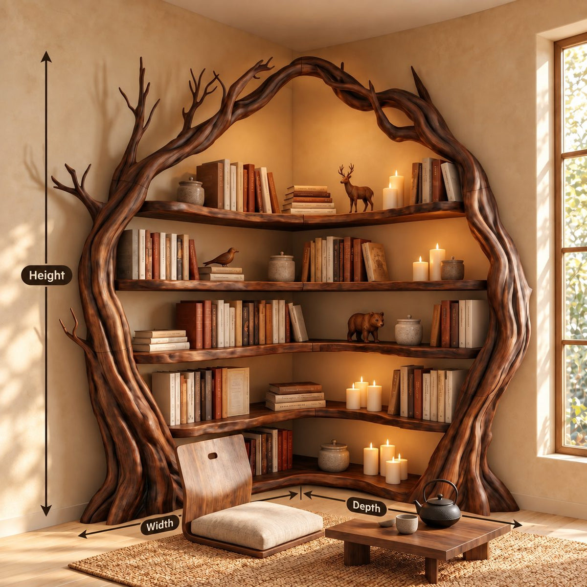 Corner Tree Bookshelf with Arched Twisting Trunk Frame and Curved Wraparound Shelves, Library Nook