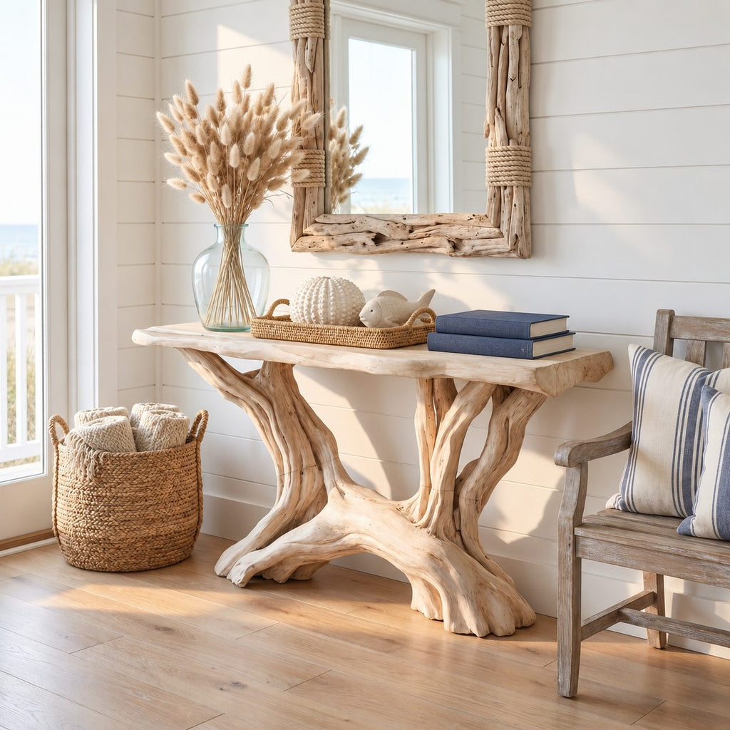 Driftwood Console Table with Twin Root Legs, Coastal Live Edge Entryway Table