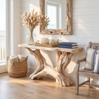 Driftwood Console Table with Twin Root Legs, Coastal Live Edge Entryway Table