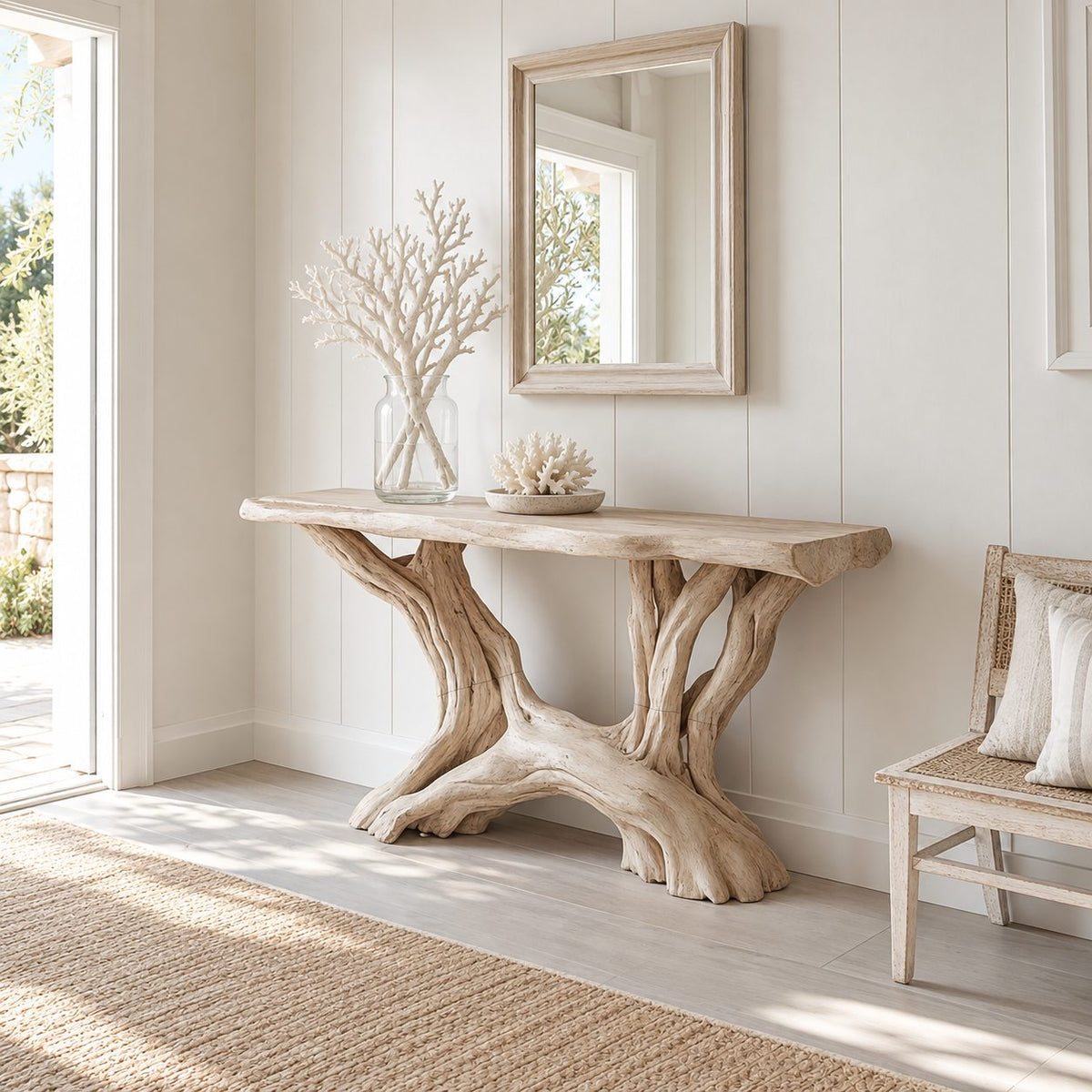 Driftwood Console Table with Twin Root Legs, Coastal Live Edge Entryway Table
