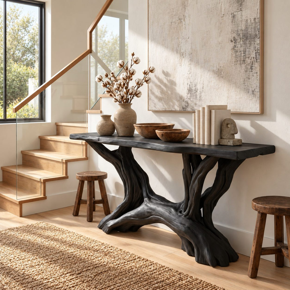 Driftwood Console Table with Twin Root Legs, Coastal Live Edge Entryway Table