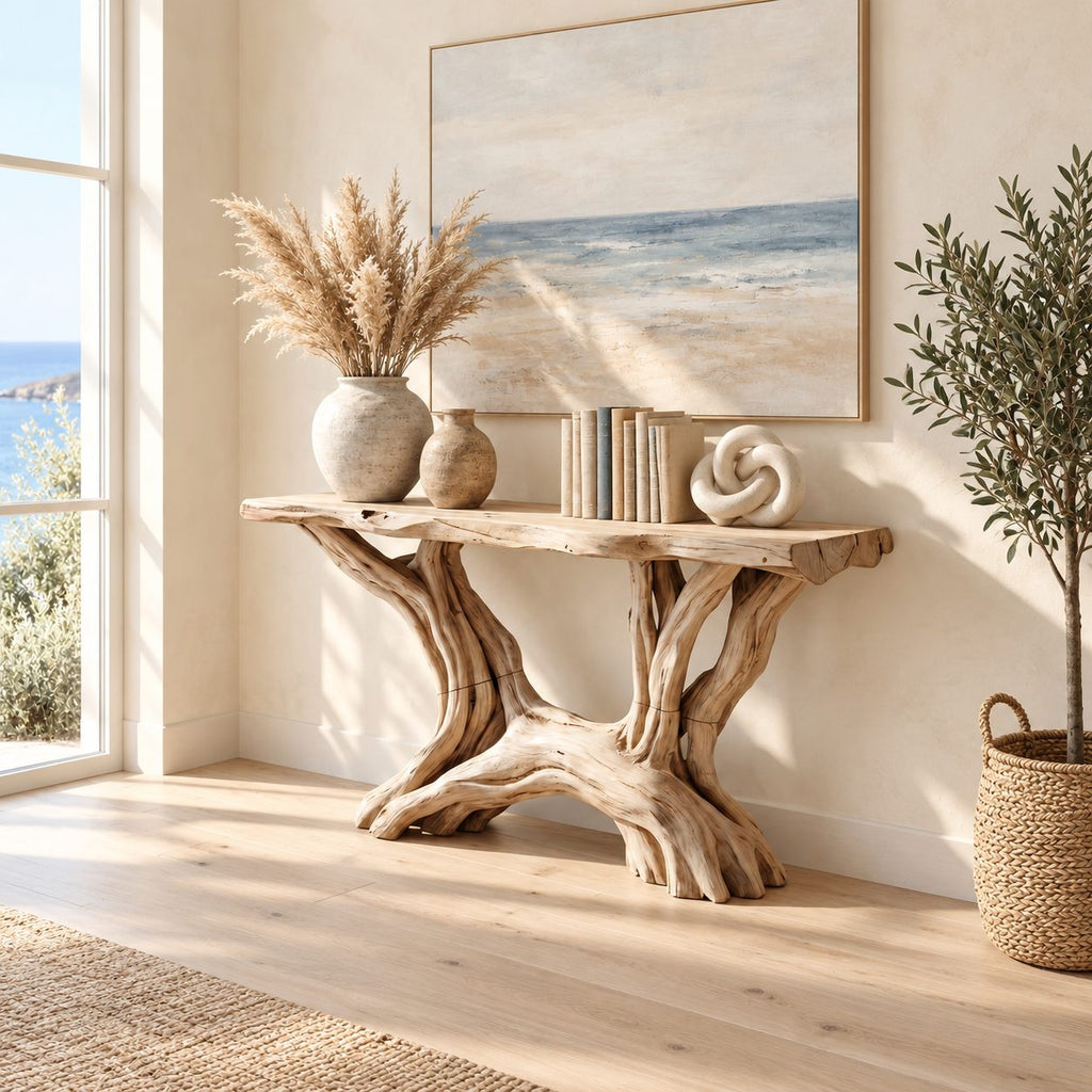 Driftwood Console Table with Twin Root Legs, Coastal Live Edge Entryway Table