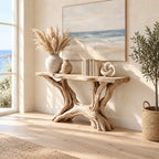 Driftwood Console Table with Twin Root Legs, Coastal Live Edge Entryway Table