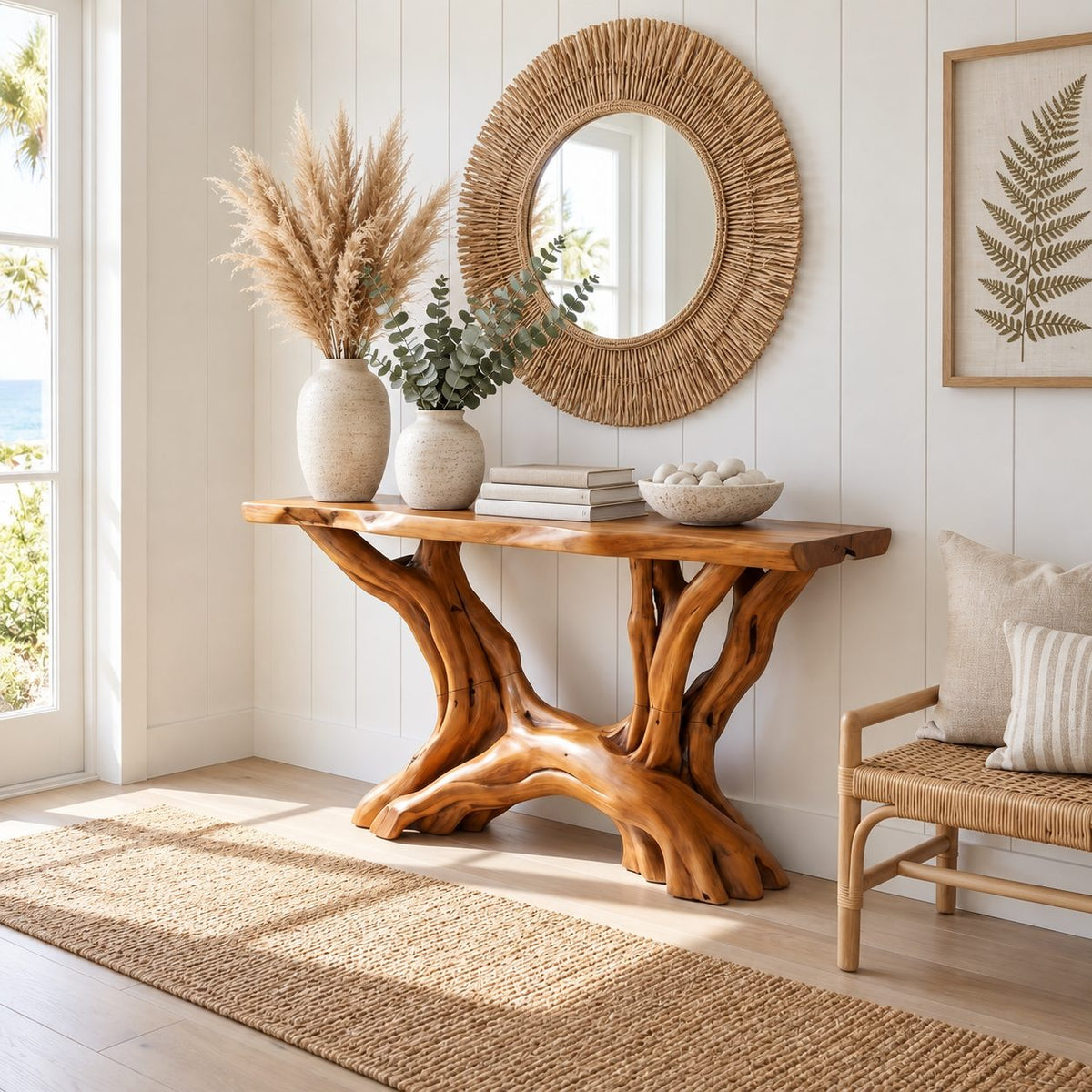 Driftwood Console Table with Twin Root Legs, Coastal Live Edge Entryway Table