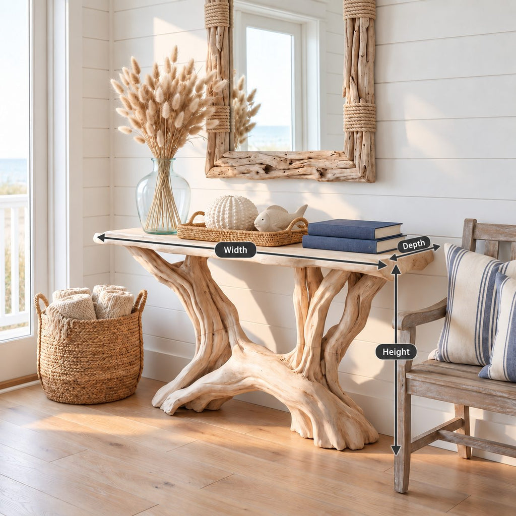 Driftwood Console Table with Twin Root Legs, Coastal Live Edge Entryway Table