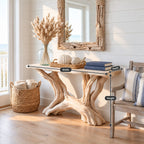 Driftwood Console Table with Twin Root Legs, Coastal Live Edge Entryway Table