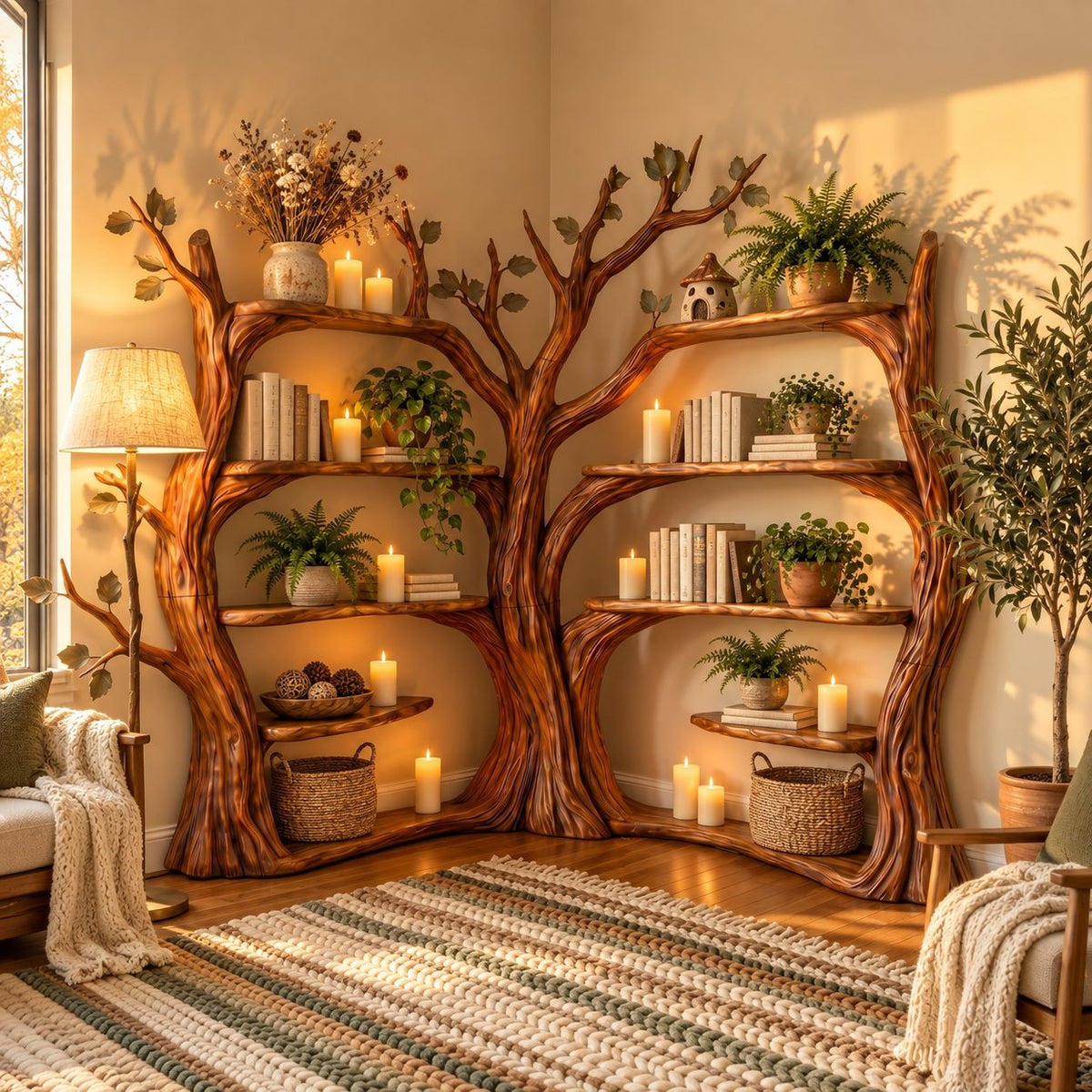 Double Tree Corner Bookshelf with Two Sculpted Trunks and Curved Shelves on Both Walls, Living Room