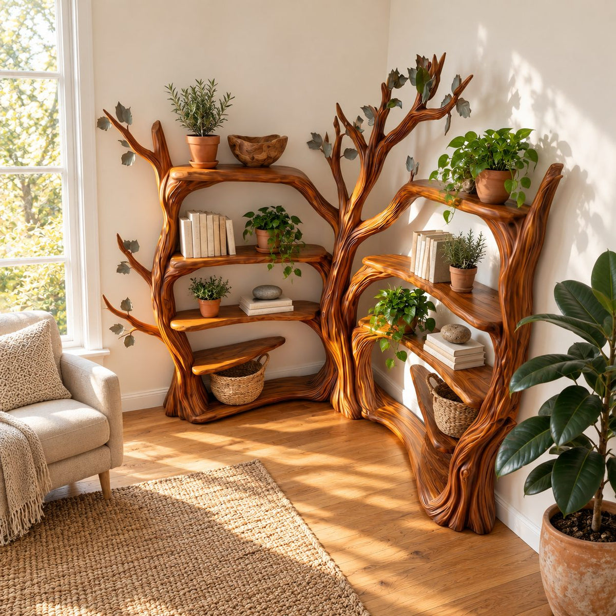 Double Tree Corner Bookshelf with Two Sculpted Trunks and Curved Shelves on Both Walls, Living Room