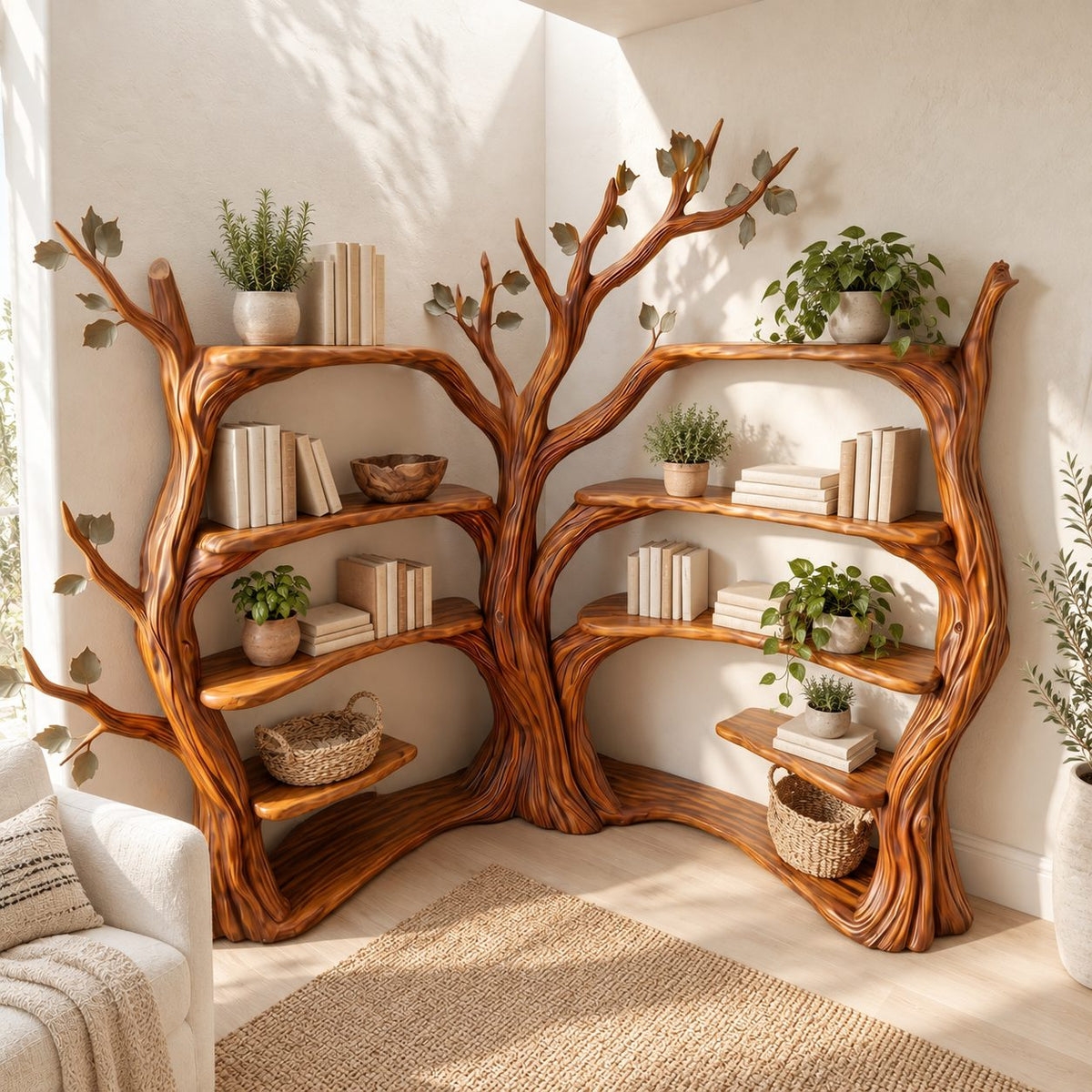 Double Tree Corner Bookshelf with Two Sculpted Trunks and Curved Shelves on Both Walls, Living Room