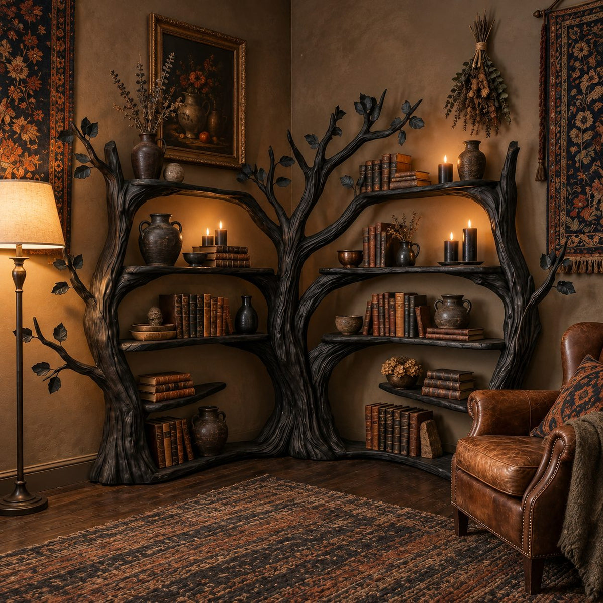 Double Tree Corner Bookshelf with Two Sculpted Trunks and Curved Shelves on Both Walls, Living Room