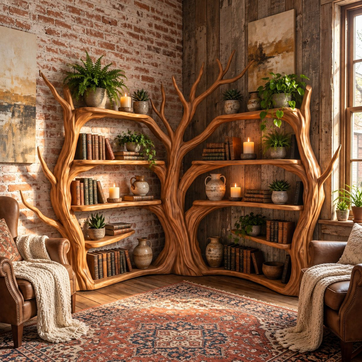 Double Tree Corner Bookshelf with Two Sculpted Trunks and Curved Shelves on Both Walls, Living Room