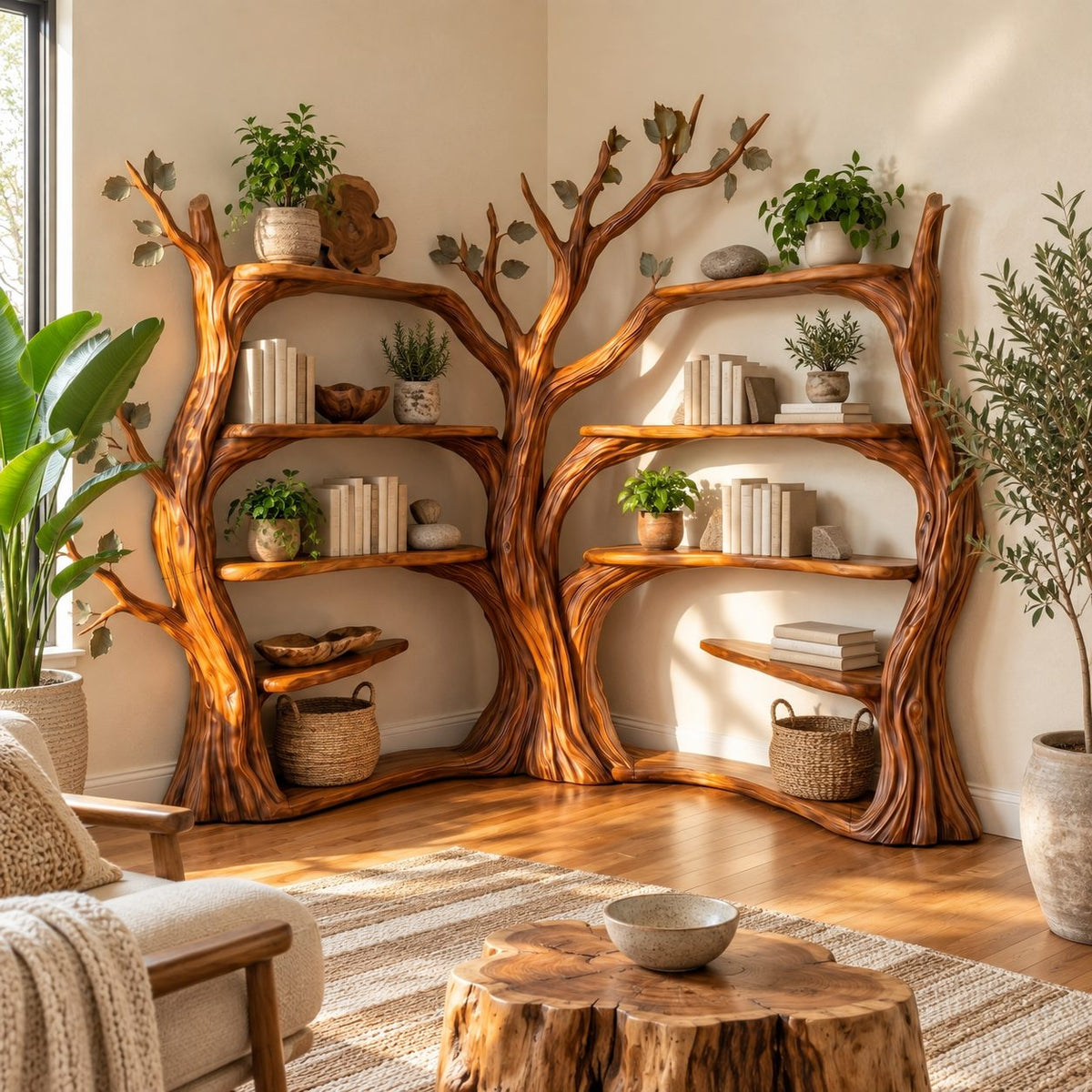 Double Tree Corner Bookshelf with Two Sculpted Trunks and Curved Shelves on Both Walls, Living Room