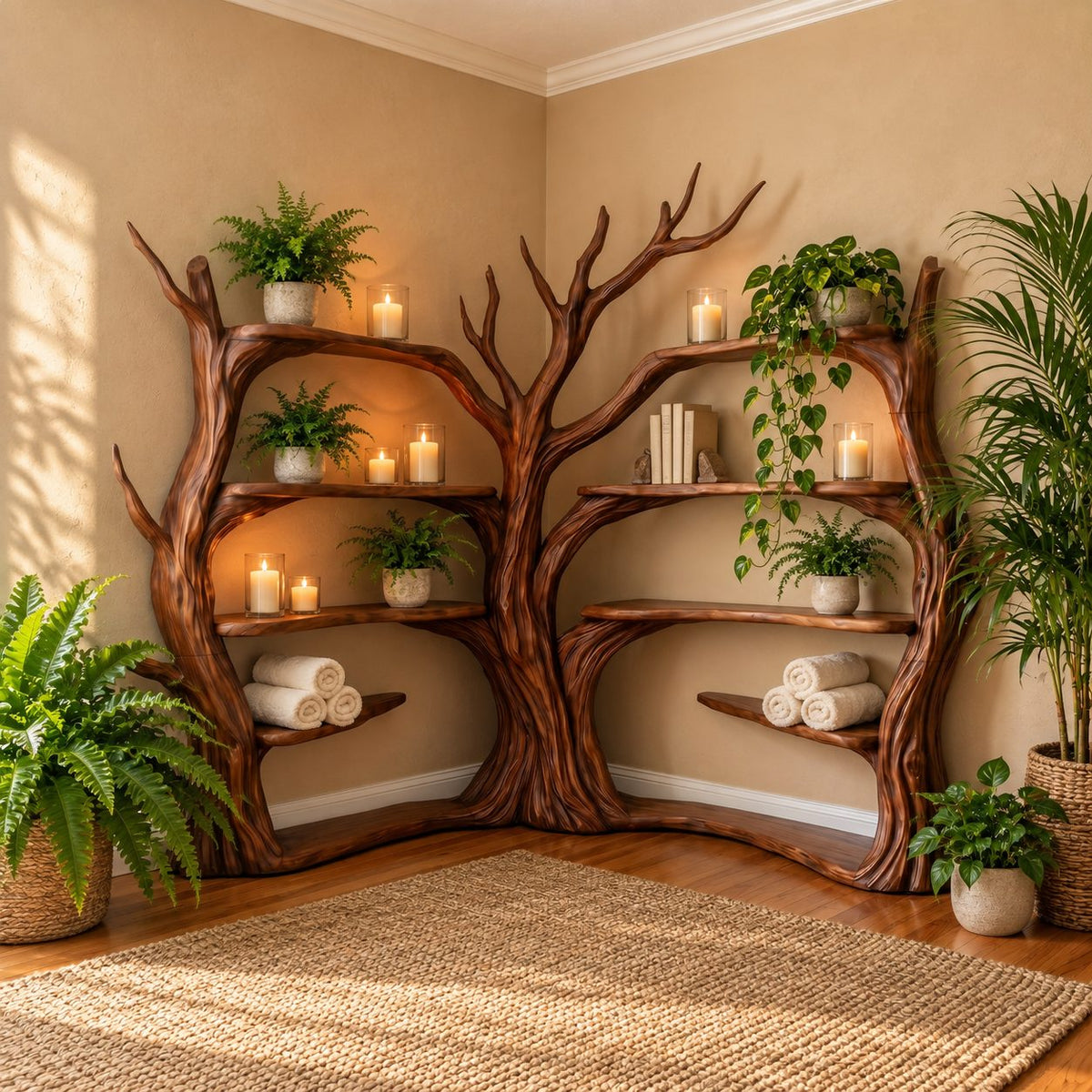 Double Tree Corner Bookshelf with Two Sculpted Trunks and Curved Shelves on Both Walls, Living Room
