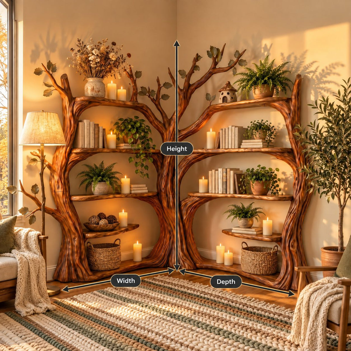 Double Tree Corner Bookshelf with Two Sculpted Trunks and Curved Shelves on Both Walls, Living Room