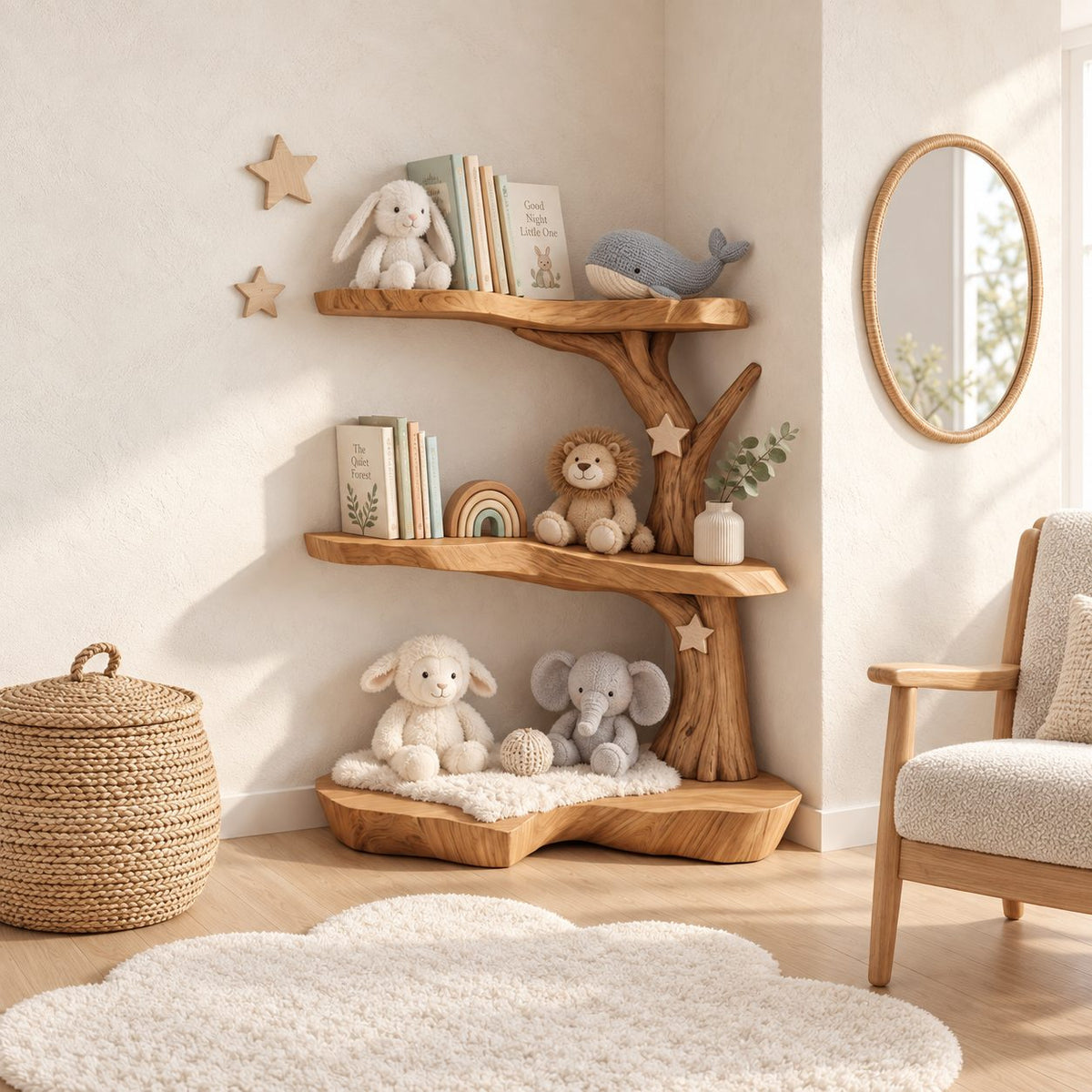 Corner Tree Shelf for Kids Room with Three Wavy Live Edge Slabs and Stout Trunk, Toy and Book Storage