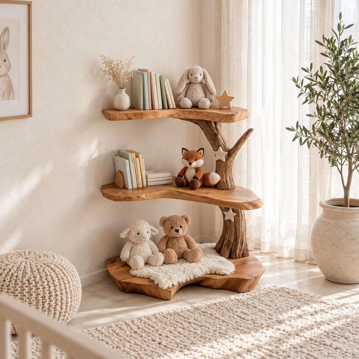 Corner Tree Shelf for Kids Room with Three Wavy Live Edge Slabs and Stout Trunk, Toy and Book Storage