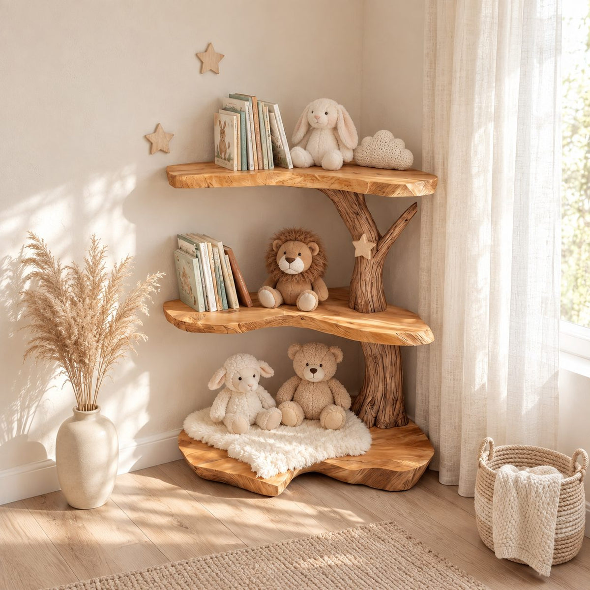Corner Tree Shelf for Kids Room with Three Wavy Live Edge Slabs and Stout Trunk, Toy and Book Storage