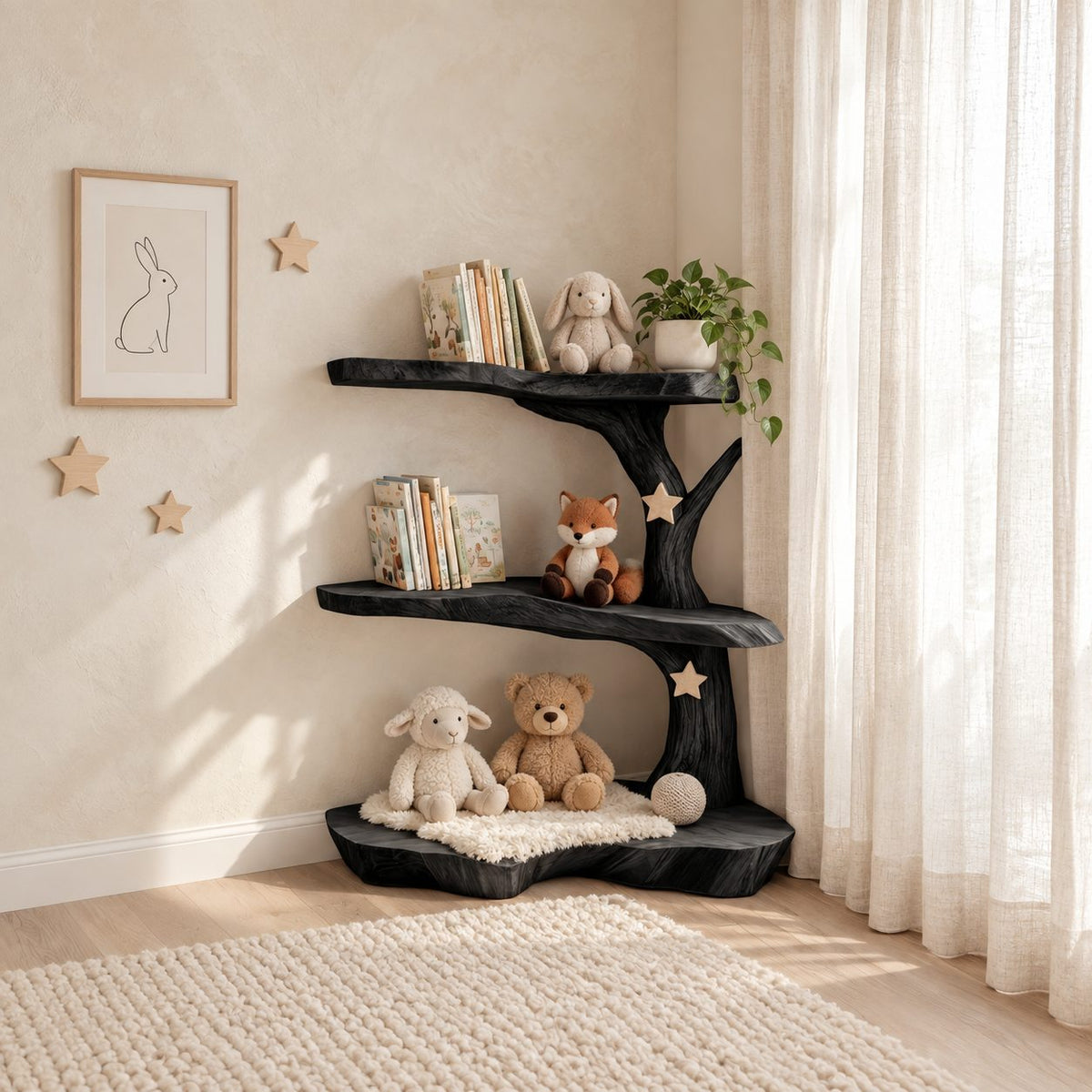 Corner Tree Shelf for Kids Room with Three Wavy Live Edge Slabs and Stout Trunk, Toy and Book Storage