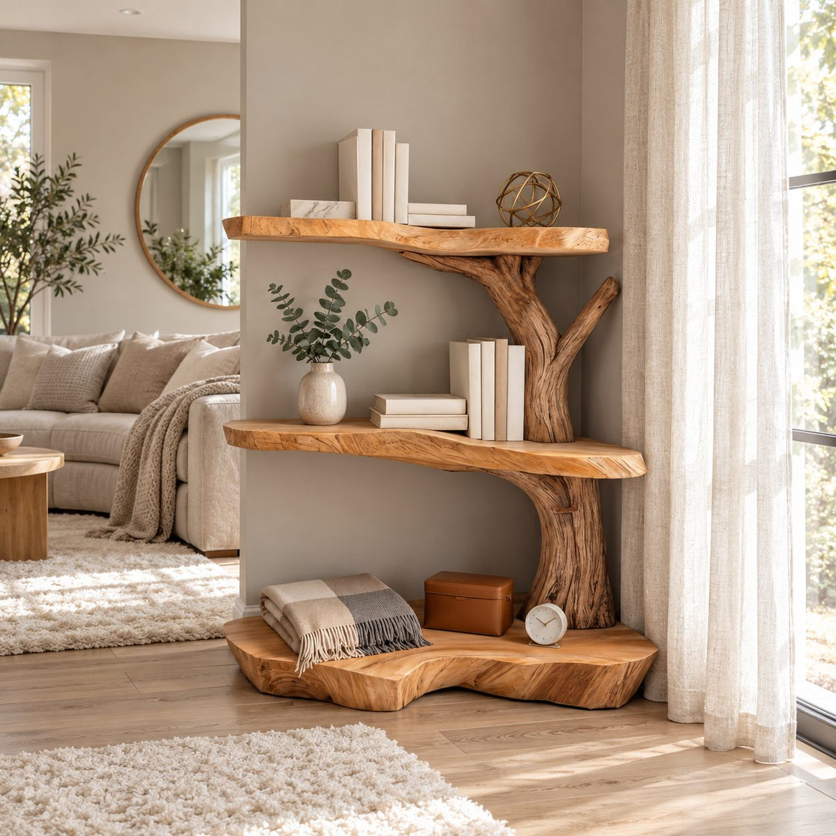 Corner Tree Shelf for Kids Room with Three Wavy Live Edge Slabs and Stout Trunk, Toy and Book Storage