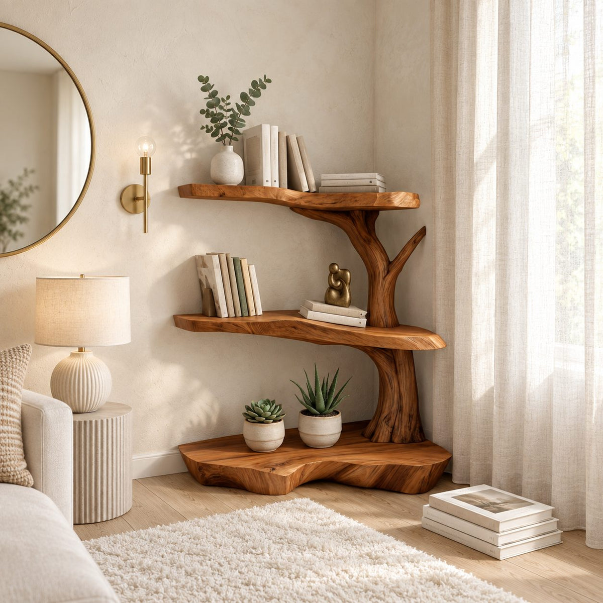 Corner Tree Shelf for Kids Room with Three Wavy Live Edge Slabs and Stout Trunk, Toy and Book Storage