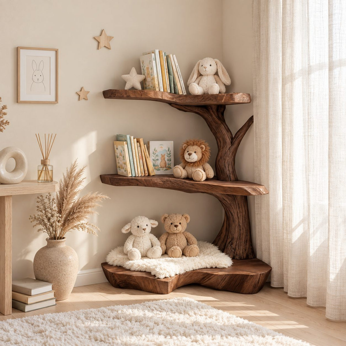 Corner Tree Shelf for Kids Room with Three Wavy Live Edge Slabs and Stout Trunk, Toy and Book Storage