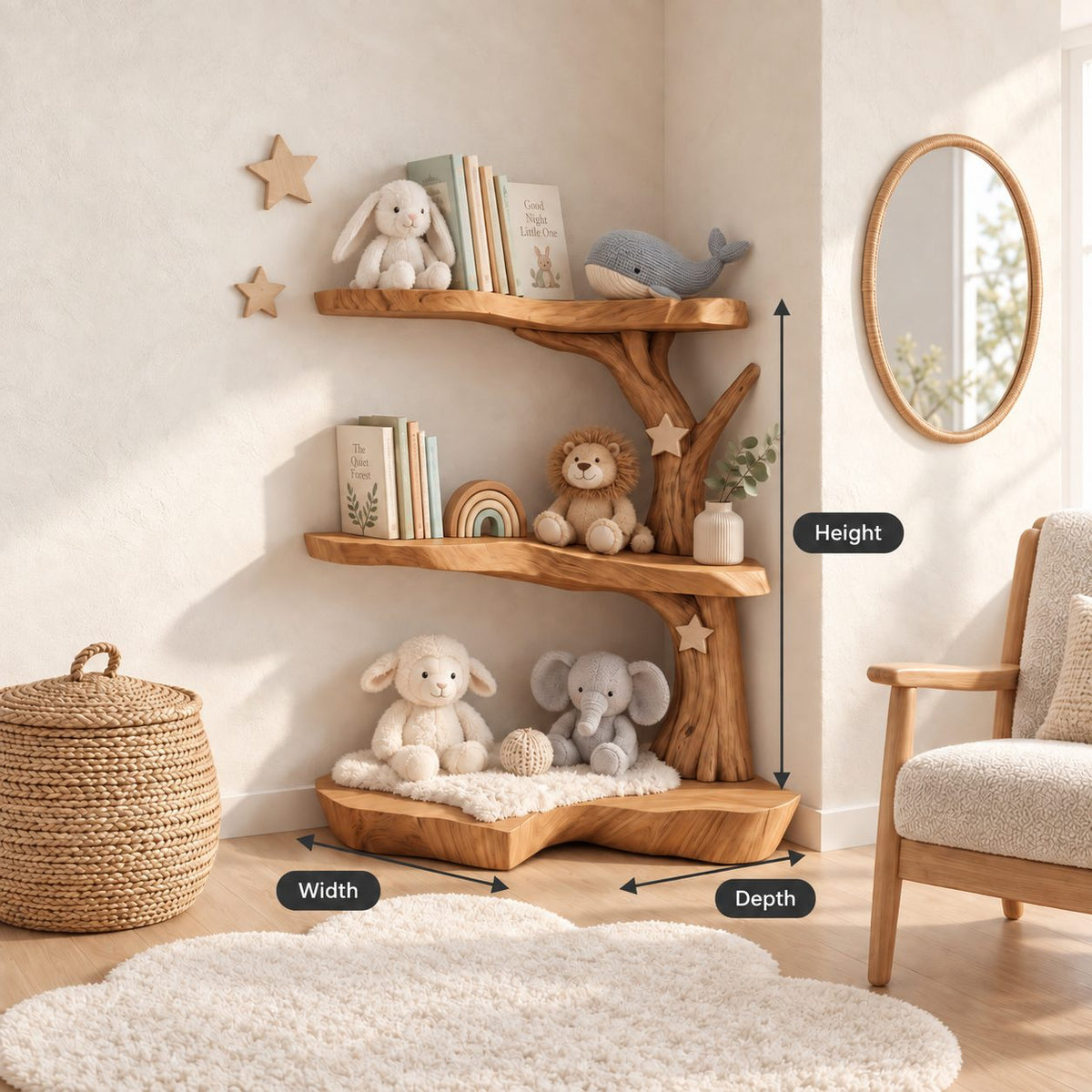 Corner Tree Shelf for Kids Room with Three Wavy Live Edge Slabs and Stout Trunk, Toy and Book Storage