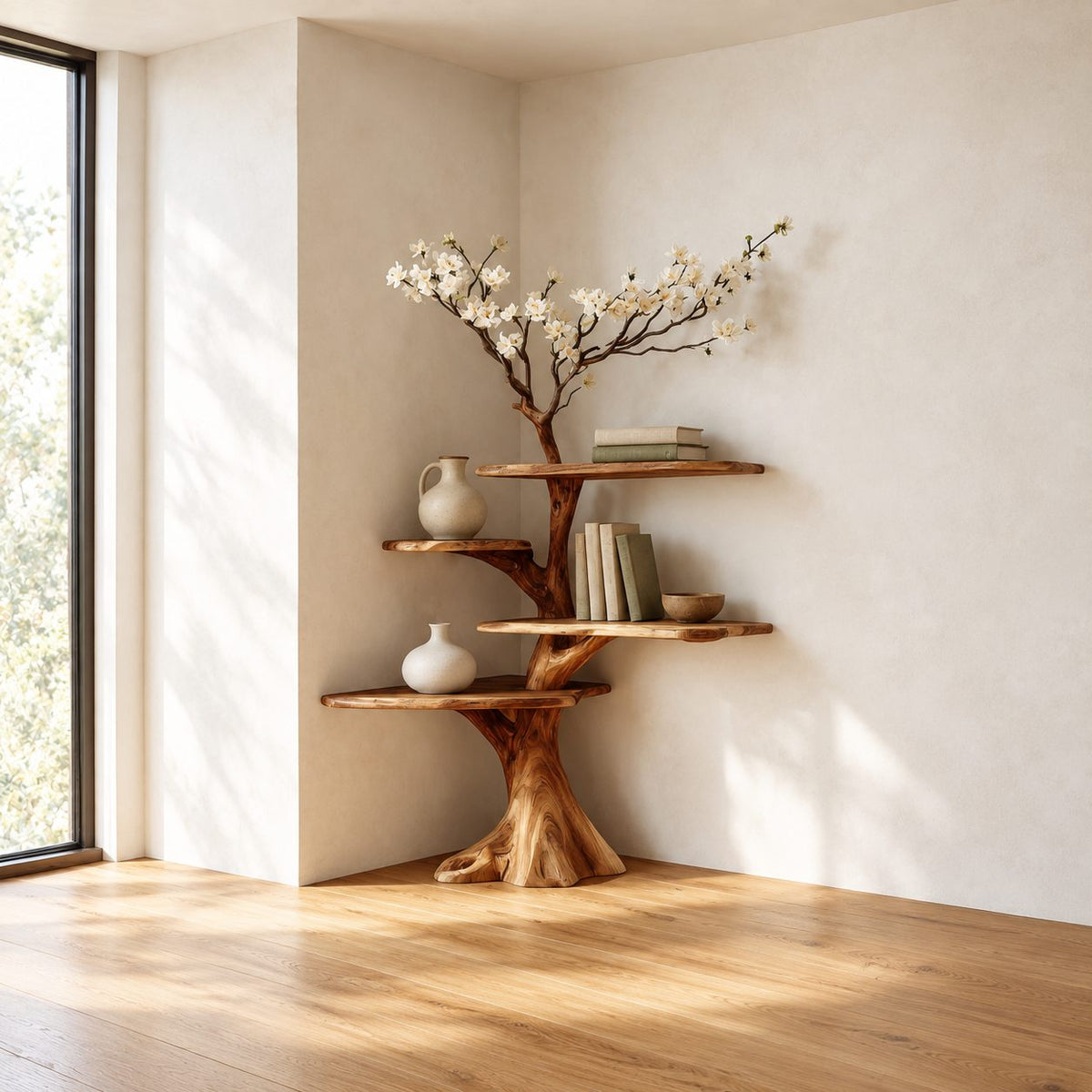 Corner Tree Shelf on Carved Stump Base with Live Edge Tiers and Bare Branch Top, Japandi Bookshelf