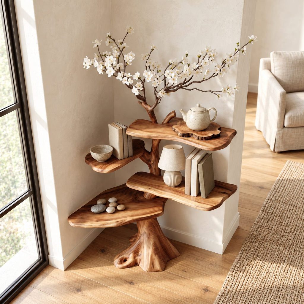 Corner Tree Shelf on Carved Stump Base with Live Edge Tiers and Bare Branch Top, Japandi Bookshelf