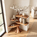 Corner Tree Shelf on Carved Stump Base with Live Edge Tiers and Bare Branch Top, Japandi Bookshelf