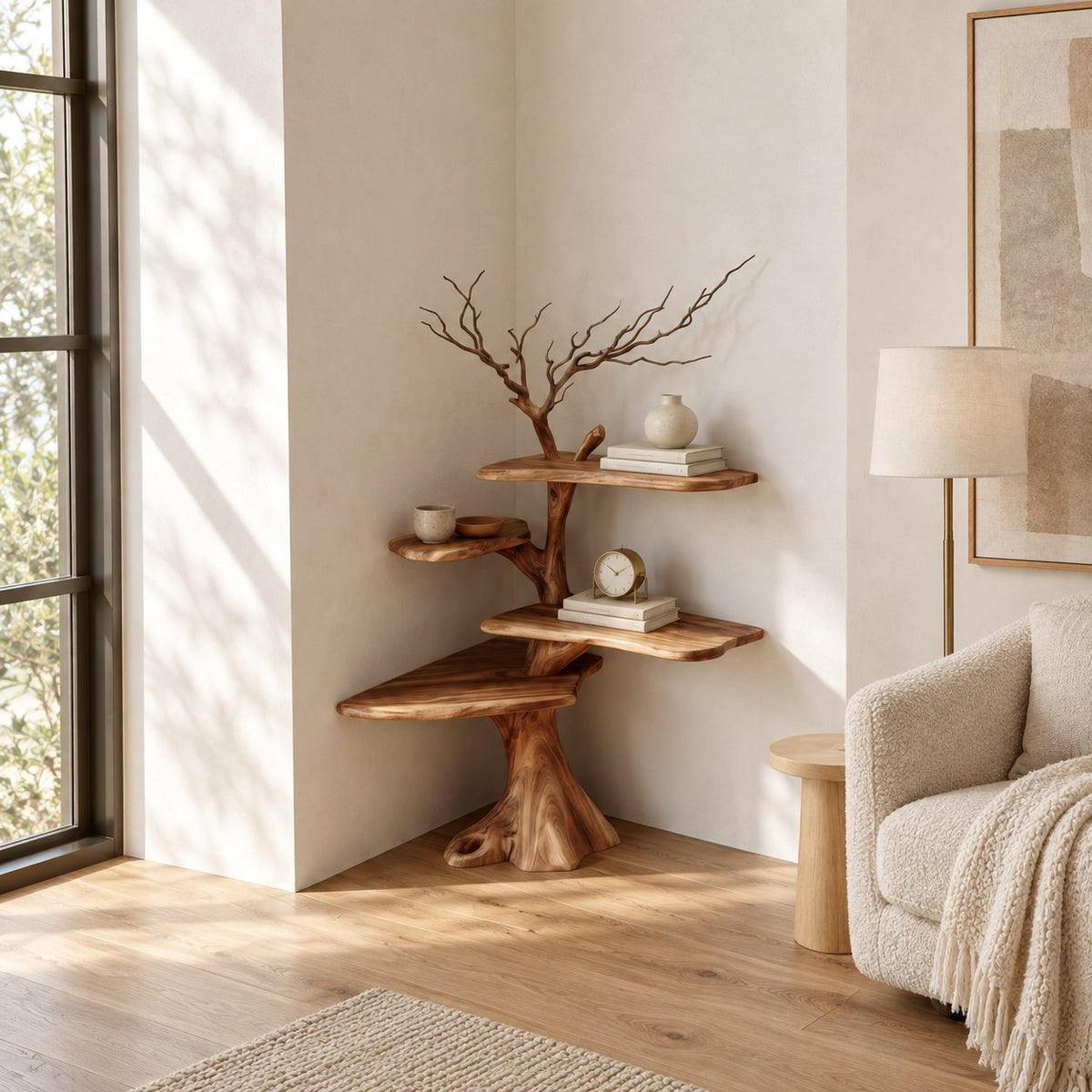 Corner Tree Shelf on Carved Stump Base with Live Edge Tiers and Bare Branch Top, Japandi Bookshelf