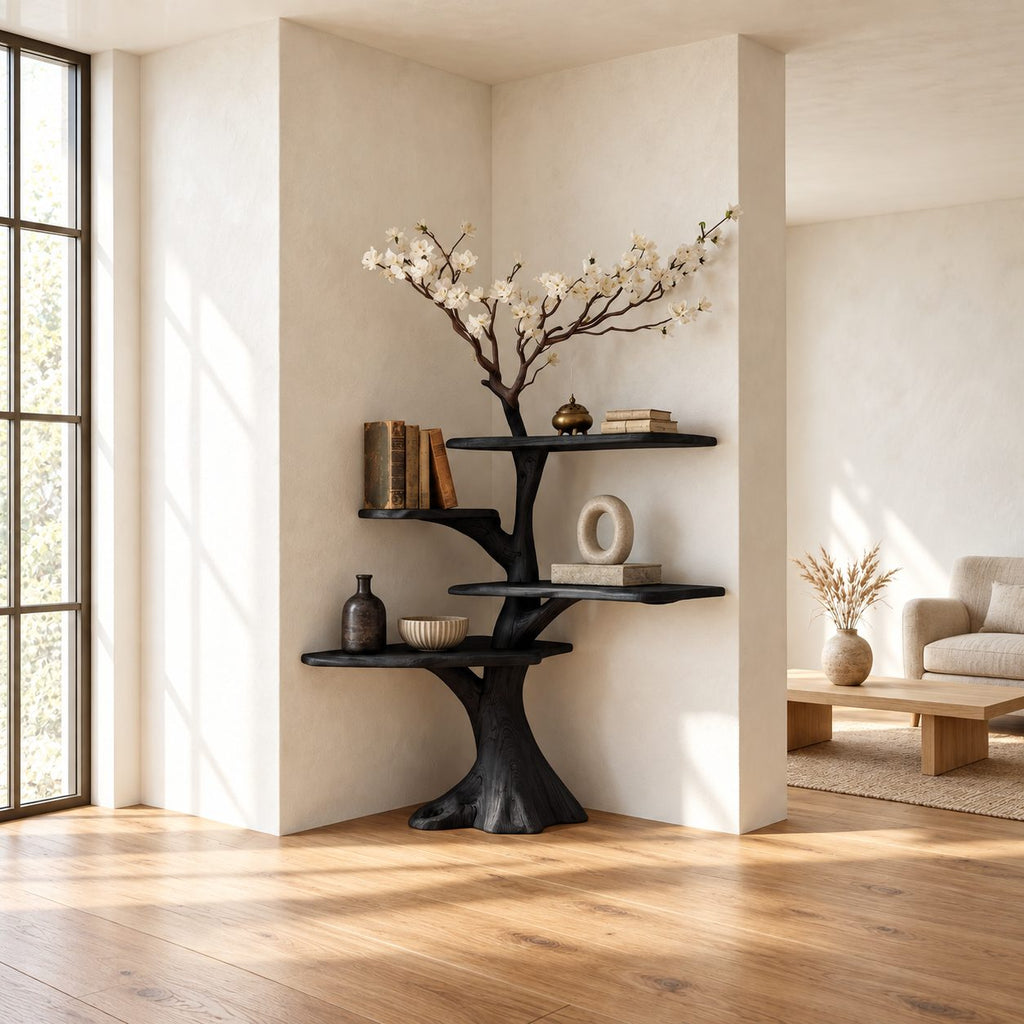 Corner Tree Shelf on Carved Stump Base with Live Edge Tiers and Bare Branch Top, Japandi Bookshelf