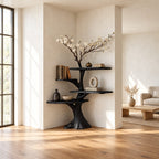 Corner Tree Shelf on Carved Stump Base with Live Edge Tiers and Bare Branch Top, Japandi Bookshelf