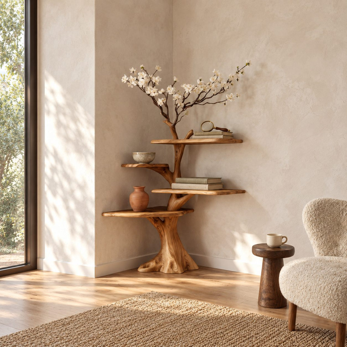 Corner Tree Shelf on Carved Stump Base with Live Edge Tiers and Bare Branch Top, Japandi Bookshelf