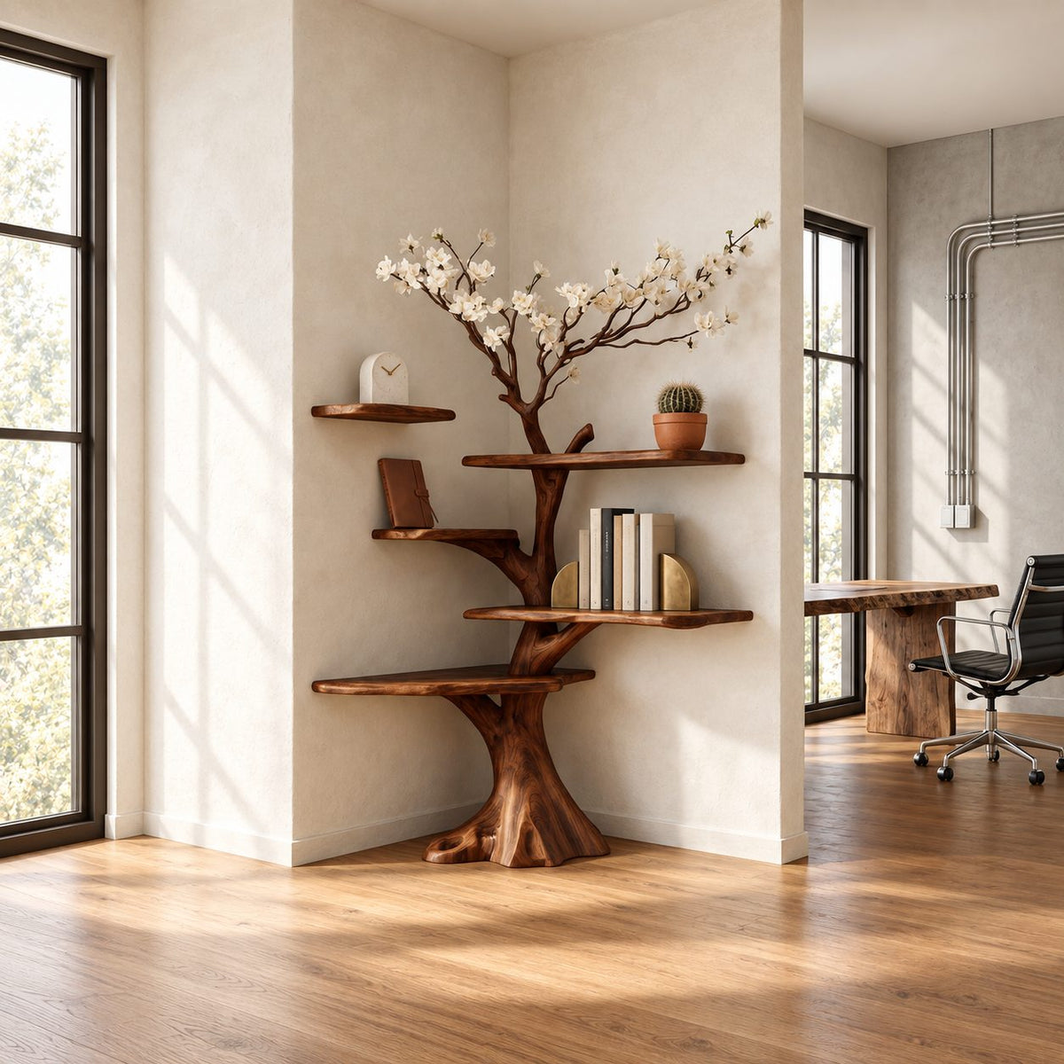 Corner Tree Shelf on Carved Stump Base with Live Edge Tiers and Bare Branch Top, Japandi Bookshelf