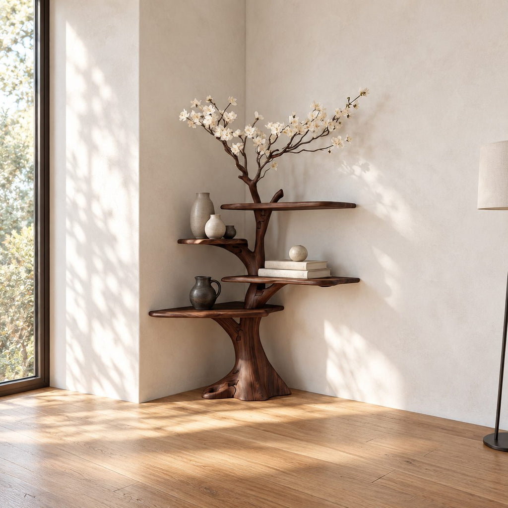 Corner Tree Shelf on Carved Stump Base with Live Edge Tiers and Bare Branch Top, Japandi Bookshelf