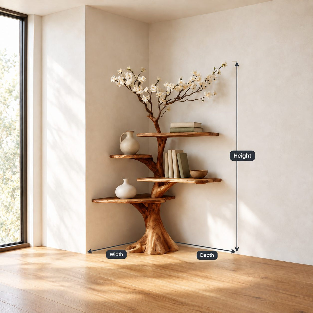 Corner Tree Shelf on Carved Stump Base with Live Edge Tiers and Bare Branch Top, Japandi Bookshelf