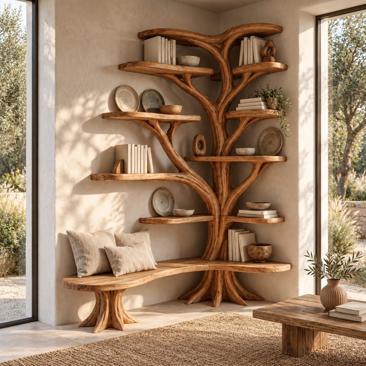 Large Corner Tree Bookcase with Long Curved Bench and Rounded Shelves on Both Walls, Library Nook