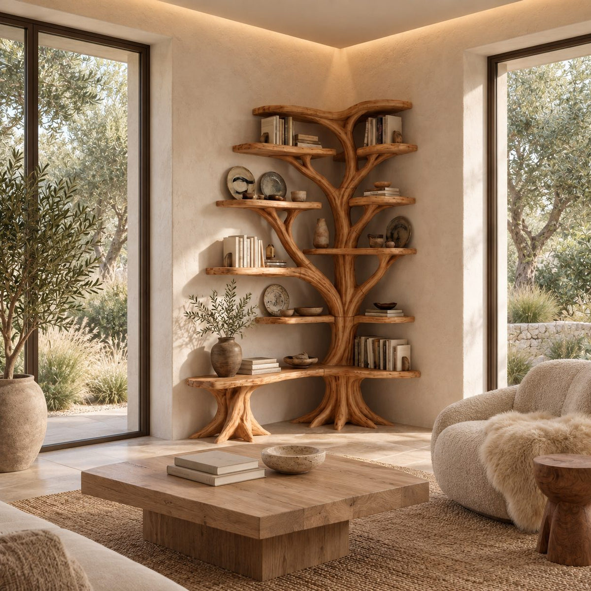 Large Corner Tree Bookcase with Long Curved Bench and Rounded Shelves on Both Walls, Library Nook