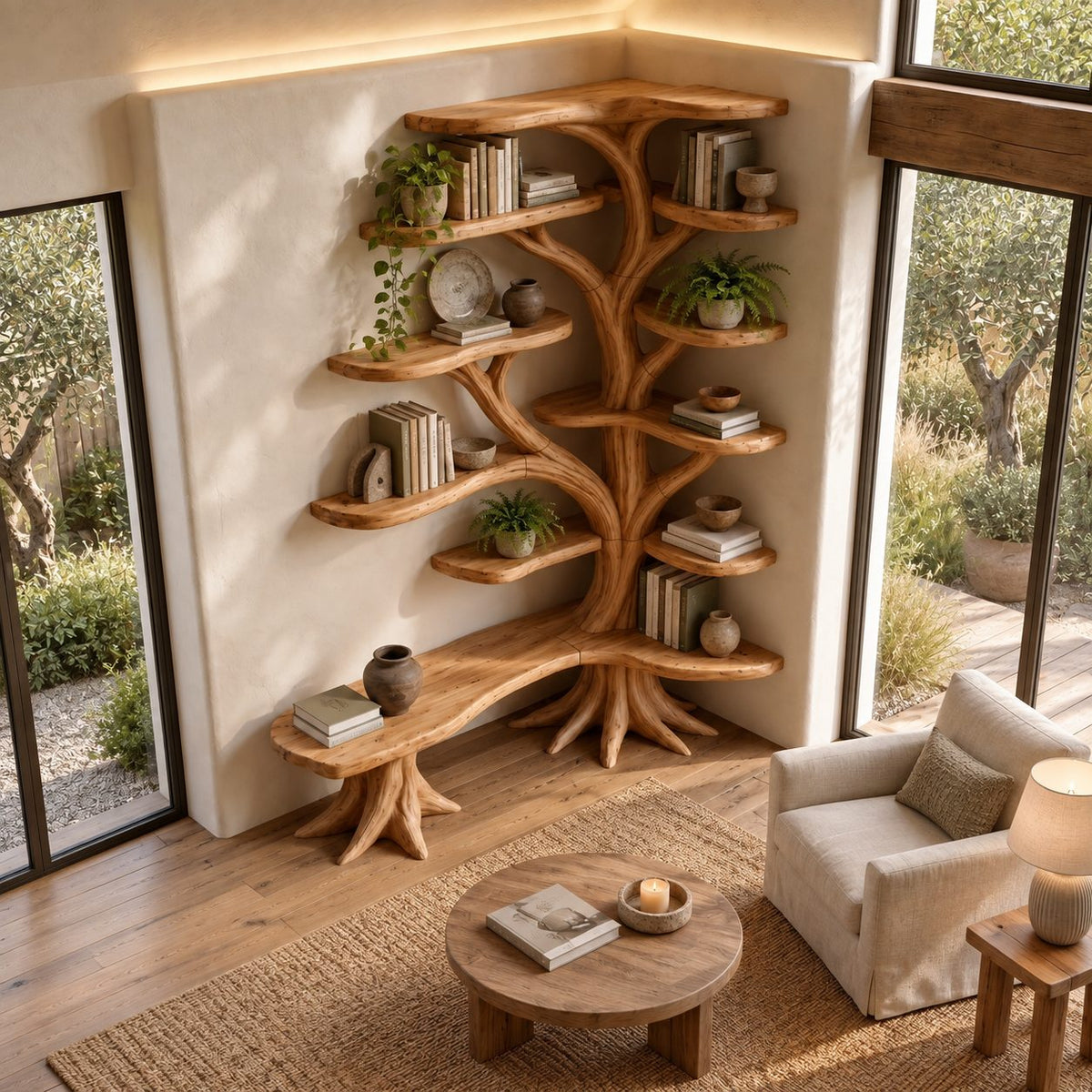 Large Corner Tree Bookcase with Long Curved Bench and Rounded Shelves on Both Walls, Library Nook