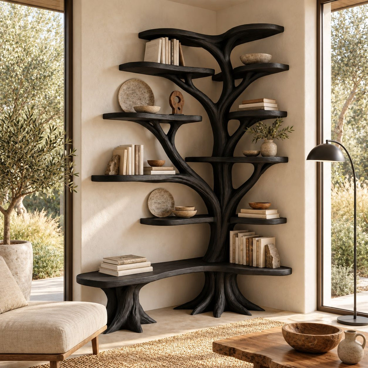 Large Corner Tree Bookcase with Long Curved Bench and Rounded Shelves on Both Walls, Library Nook