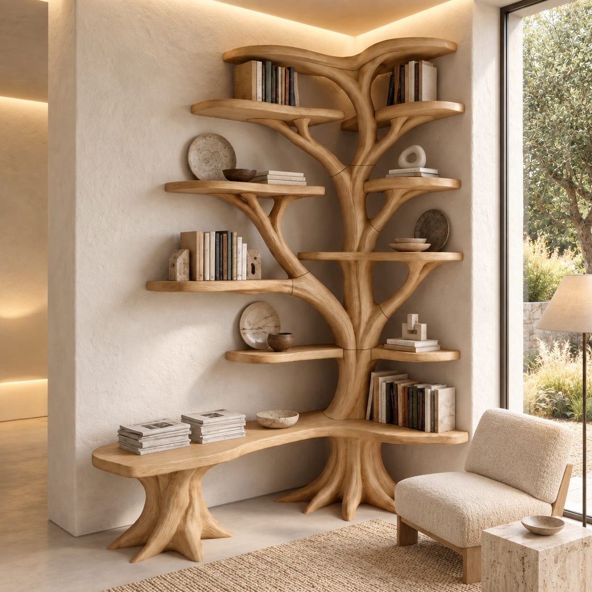 Large Corner Tree Bookcase with Long Curved Bench and Rounded Shelves on Both Walls, Library Nook